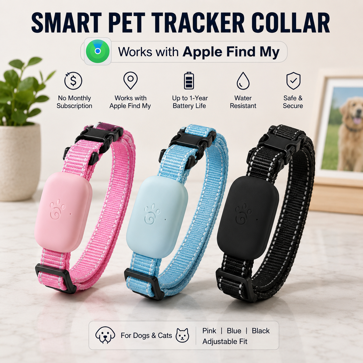 Smart Pet Tracker Collar – Works with Apple Find My