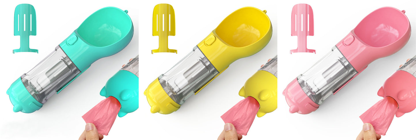 3 in 1 Travel Pet Water Bottle with Food Storage & Waste Bag Holder